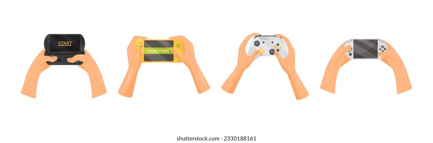 Hands Holding Gamepads or Controller Playing Video Game Vector Set