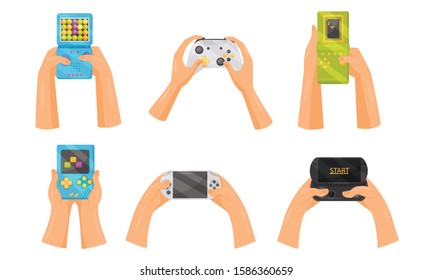 Hands Holding Gamepads Vector Set. Video Gaming Industry