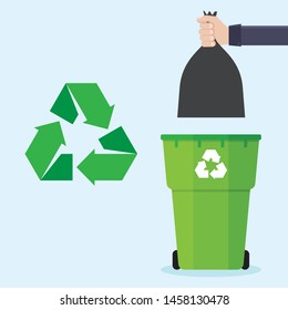 Hands holding garbage bags and trash bins, recycled icons, with a blue background flat design vector illustration