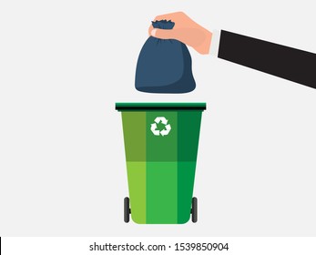 Hands holding garbage bags and trash bins, recycled icons, with a blue background flat design vector illustration
