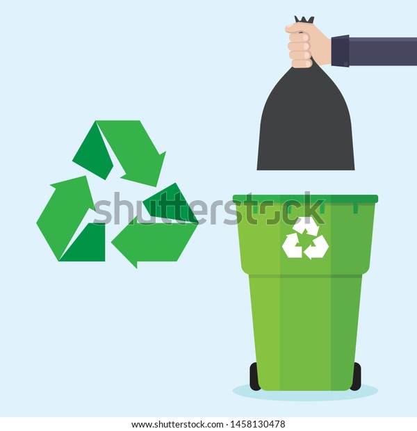 Hands holding\
garbage bags and trash bins, recycled icons, with a blue background\
flat design vector\
illustration