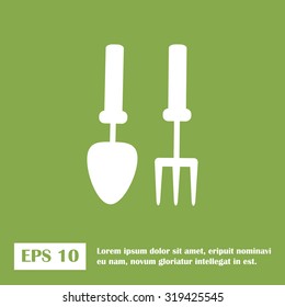Hands holding gardening supplies. Gardening tools. green icon.