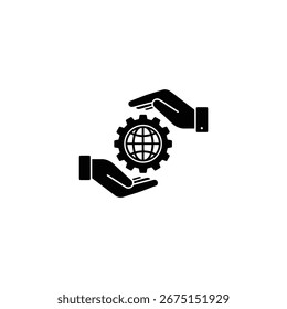 Manos sosteniendo un engranaje con un globo dentro, simbolizando soluciones tecnológicas globales. Perfecto para Sitios web, App y materiales de marketing. Ilustración vectorial.
