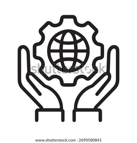 Hands holding gear with globe isolated on white background symbolizes global solutions, worldwide support, and international collaboration in engineering and technology sectors