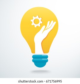 hands holding gear icon in light bulb icon vector, creative concept