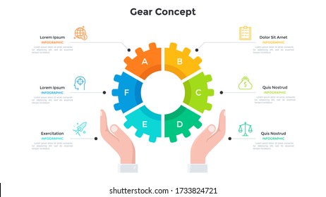 Hands holding gear wheel pie chart divided into 6 colorful parts. Concept of six features of technology. Simple infographic design template. Modern flat vector illustration for presentation, report.