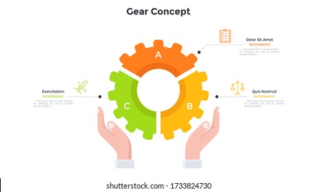 Hands holding gear wheel pie chart divided into 3 colorful parts. Concept of three features of technology. Simple infographic design template. Modern flat vector illustration for presentation, report.
