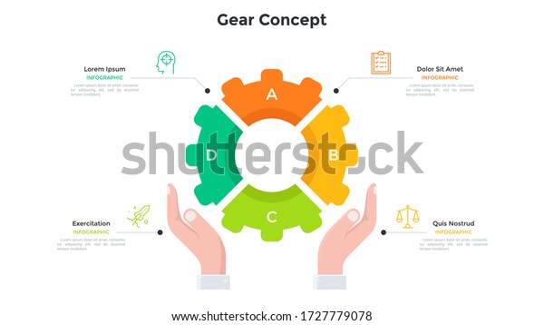 Hands holding gear wheel pie chart divided into 4\
colorful parts. Concept of four features of technology. Simple\
infographic design template. Modern flat vector illustration for\
presentation, report.