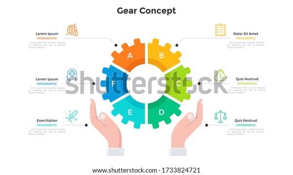 Hands holding gear wheel pie chart divided into 6\
colorful parts. Concept of six features of technology. Simple\
infographic design template. Modern flat vector illustration for\
presentation, report.