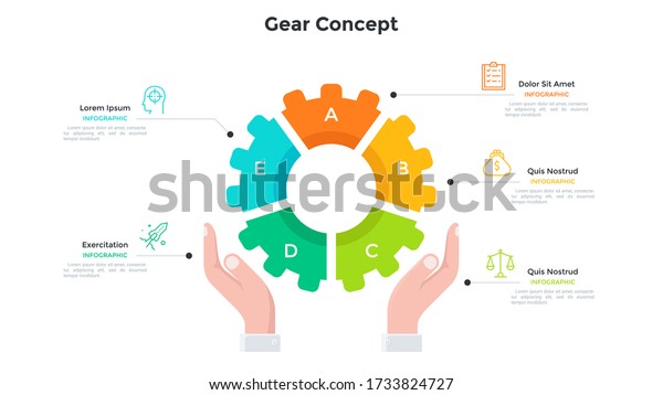 Hands holding gear wheel pie chart divided into 5\
colorful parts. Concept of five features of technology. Simple\
infographic design template. Modern flat vector illustration for\
presentation, report.