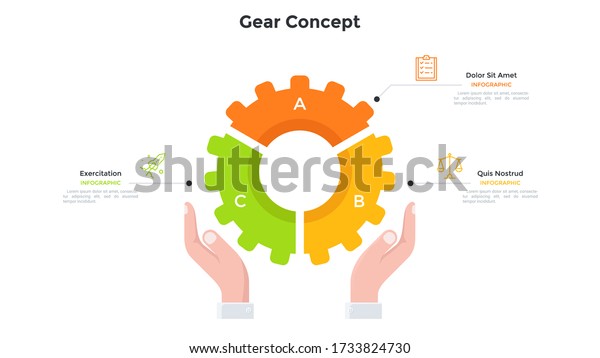 Hands holding gear wheel pie chart divided into 3\
colorful parts. Concept of three features of technology. Simple\
infographic design template. Modern flat vector illustration for\
presentation, report.