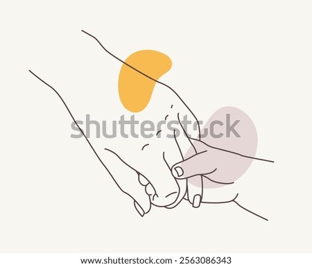 Hands holding gently, symbolizing care, trust, and connection, with abstract colorful shapes in a modern design. Minimalistic line art vector illustration
