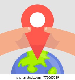Hands holding a geo location pin. Navigating. Destination. Flat editable vector illustration, clip art