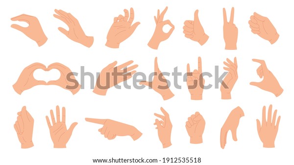 Hands holding gestures. Elegant female and\
male hand showing heart, ok, like, pointing finger and waving palm.\
Trendy hands poses vector set. Body language signs and symbols for\
communication