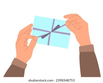 Hands holding gift box with a bow, top view. Vector illustration isolated on white background
