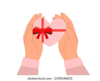 Manos sosteniendo una caja de regalo con un arco, vista superior. Ilustración del vector aislada en fondo blanco
