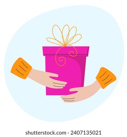 Hands holding gift box with bow. Concept of giving, celebration, birthday, boxing day