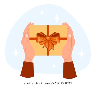 Hands holding gift box with bow. Receive or give present. Holiday celebration. Container with ribbons. Anniversary surprise. Customer sale prize. Christmas tradition