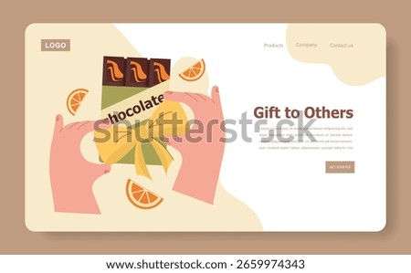 Hands holding a gift box with chocolate bars and orange slices in a vector illustration. Ideal for promoting gift products, celebrations, and festive occasions on a webpage layout.