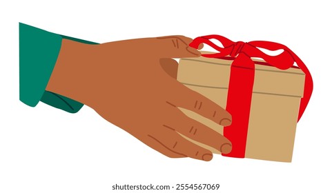 Hands holding gift box, Christmas present isolated on white background, flat vector illustration. Xmas holiday, arms gives new year souvenir.