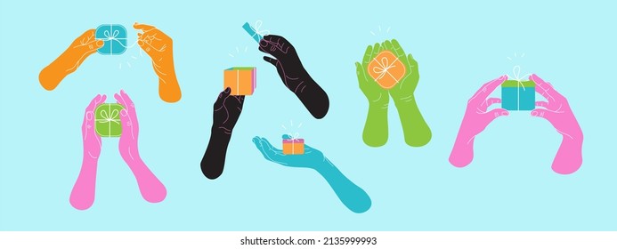 Manos sosteniendo caja de regalo, color moderno conjunto de estilo minimalista. Diversas personas, presentes regalando o recibiendo, apertura de caja de regalo. Feliz cumpleaños o Día de San Valentín, concepto romántico. Ilustración del vector