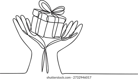 Hände halten Geschenkbox durchgehende Linie Zeichnung. Gibt einen aktuellen minimalistischen Vektor. Feier überraschen eine Zeile Illustration. Skizze zum Thema Wohltätigkeit und Spenden. Geschenkbox für Feiertage, Skizze.