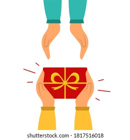 Hands holding gift box and giving it to other person. Flat vector illustration isolated on white background. Gift passed from hands to hands. Cartoon style