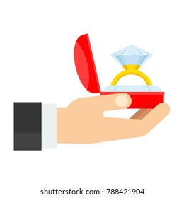 Hands holding gift box with gold wedding ring. Proposal for marriage, matchmaking and betrothal. Flat vector cartoon illustration. Objects isolated on white background.