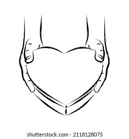 Hands holding gift box with heart-shaped. Gift for Valentine's Day, Mother's Day, Birthday. Romantic date, wedding anniversary. Declaration of love. Offer of marriage. Sketch, linear drawing
