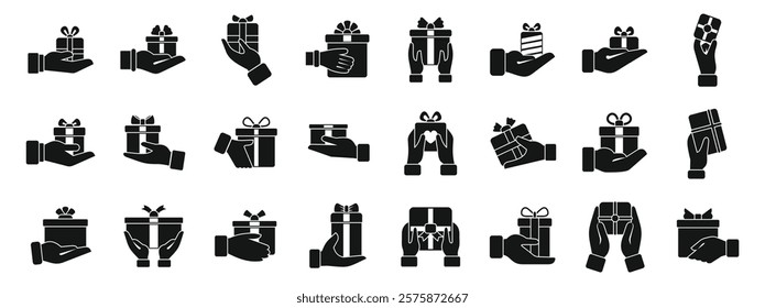 Hands holding gift box icons set. Hands holding gift boxes icons set in simple style. Gift box in hand symbols collection contains many different gift box shapes