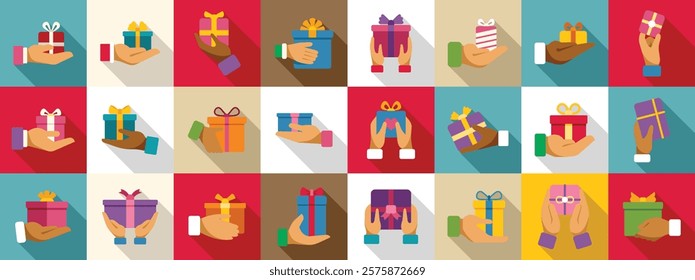Hands holding gift box icons set. Gift boxes with colorful wrapping paper and ribbons held in hands, symbolizing giving, receiving, and celebration