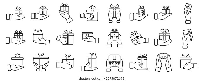 Hands holding gift box icons set. Set of linear icons representing hands giving or receiving gift boxes, perfect for representing concepts like holiday celebration, charity donation