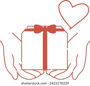 Hands holding a gift box illustraiton - iconic taste.Hands and a box is filled with white. The background is transparent.