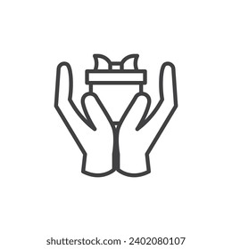 Hands holding gift box line icon. linear style sign for mobile concept and web design. Gift box in hands outline vector icon. Symbol, logo illustration. Vector graphics