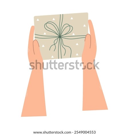 Hands holding a gift box. Preparation for celebrating Christmas or New Year, birthday. Top view. Flat isolated vector illustration.