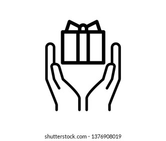 Hands holding a gift box with ribbon and bow. Valentine's Day. Christmas and New Year. Linear vector illustration - Vector 