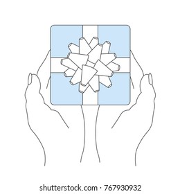 Hands holding a gift box with ribbon and bow. Valentine's Day. Christmas and New Year. Linear vector illustration