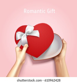 Hands holding gift box top view realistic 3D composition with heart shaped carton and editable text vector illustration