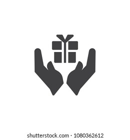 Hands holding a gift box vector icon. filled flat sign for mobile concept and web design. Present simple solid icon. Symbol, logo illustration. Pixel perfect vector graphics