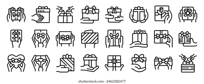 Hands holding gift box vector icon. A series of black and white images of people holding gifts. The images are arranged in a grid, with each row containing a different type of gift