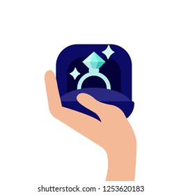 Hands holding gift box with wedding ring. Proposal for marriage, matchmaking and betrothal. Flat vector icon