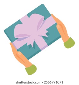 Hands holding a gift box wrapped in green paper and decorated with a purple ribbon