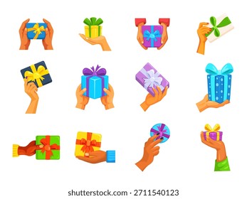 Manos sosteniendo cajas de regalo. Intercambio de regalos, brazo de regalo de mano que da la recepción de la caja de regalo Cumpleaños o Navidad sorpresa de vacaciones lazo de cinta atado, Ilustración vectorial de dibujos animados kicky