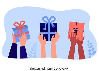 Hands holding gift boxes with ribbon and bow. Surprise holiday presents for people flat vector illustration. Giveaway, secret offer, prize concept for banner, website design or landing web page