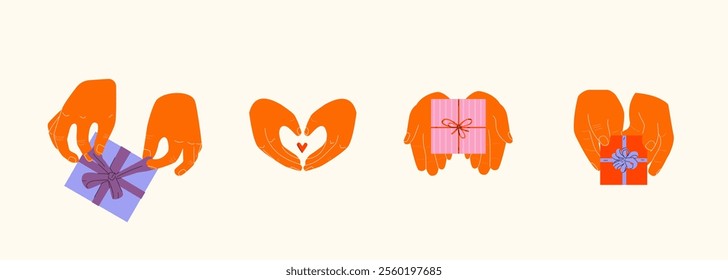 Hands holding gift boxes with a ribbon and bow set. For birthday, Christmas, Valentine's day presents, isolated on background. Holiday greetings, wedding, black friday, arms gives new year souvenirs.