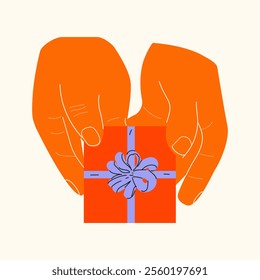 Hands holding gift boxes with a ribbon and bow. For birthday, Christmas, Valentine's day presents, isolated on background. Holiday greetings, wedding, black friday, arms gives new year souvenirs.