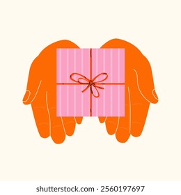 Hands holding gift boxes with a ribbon and bow. For birthday, Christmas, Valentine's day presents, isolated on background. Holiday greetings, wedding, black friday, arms gives new year souvenirs.