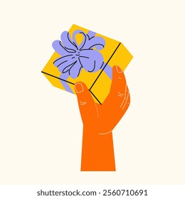 Hands holding gift boxes with a ribbon and bow. For birthday, Christmas, Valentine's day presents, isolated on background. Holiday greetings, wedding, black friday, arms gives new year souvenirs.