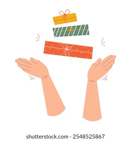 Hands holding gift boxes.Congratulation concept.Birthday gift box packing.Preparation for Christmas or New Year celebration.Flat isolated vector illustration.