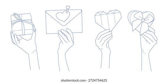 Hände, die Geschenk, Umschlag, Blumen und Herzen halten und Liebe, Geben und Verbindung symbolisieren